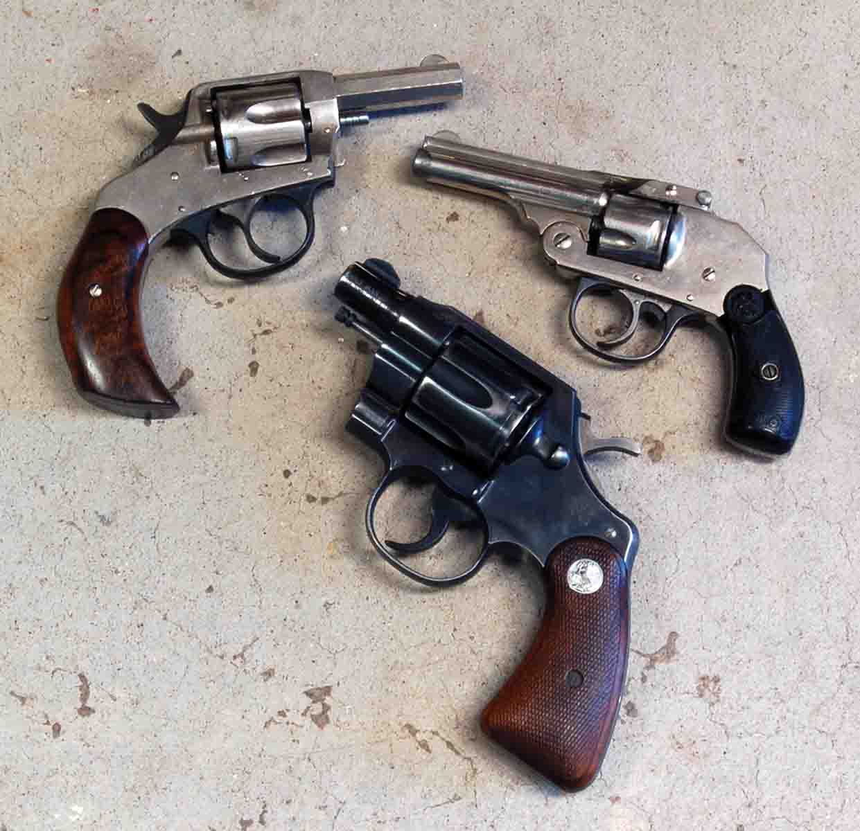 Small .32s include a (1) H&R and a (2) Iver Johnson. A (3) Colt Marshall .38 Special is shown for comparison.